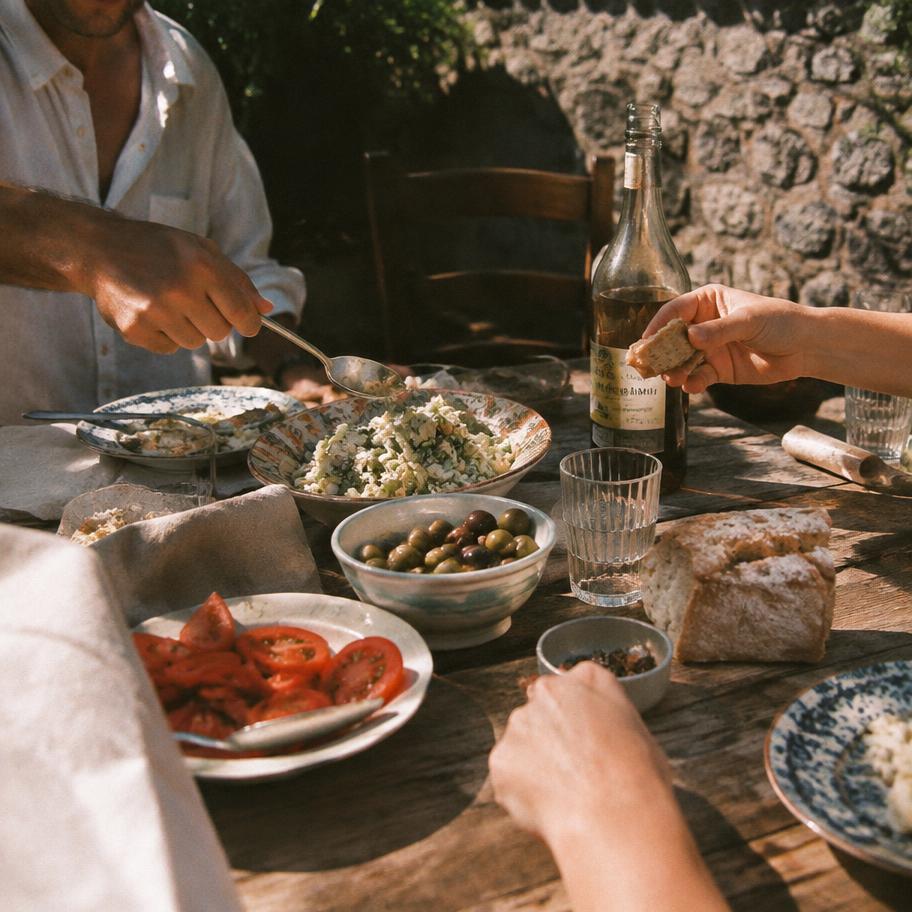 Friends sharing food at an outdoor table